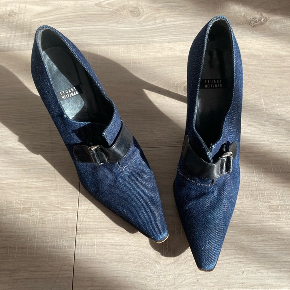 Stuart Weitzman Dark Blue Denim Heels with Black Strap - Picture 8 of 8